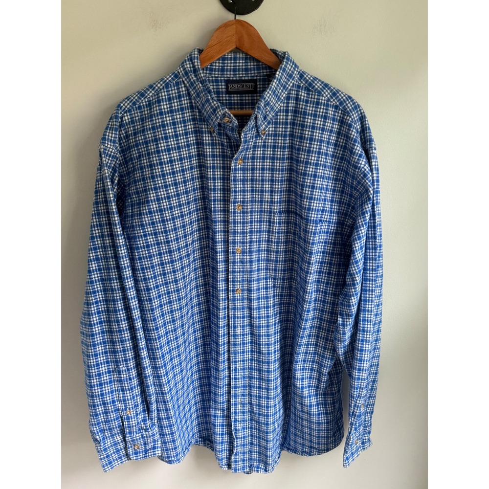 Lands End Mens XL Tall Blue White Plaid Cotton Button Down Shirt Long Sleeve